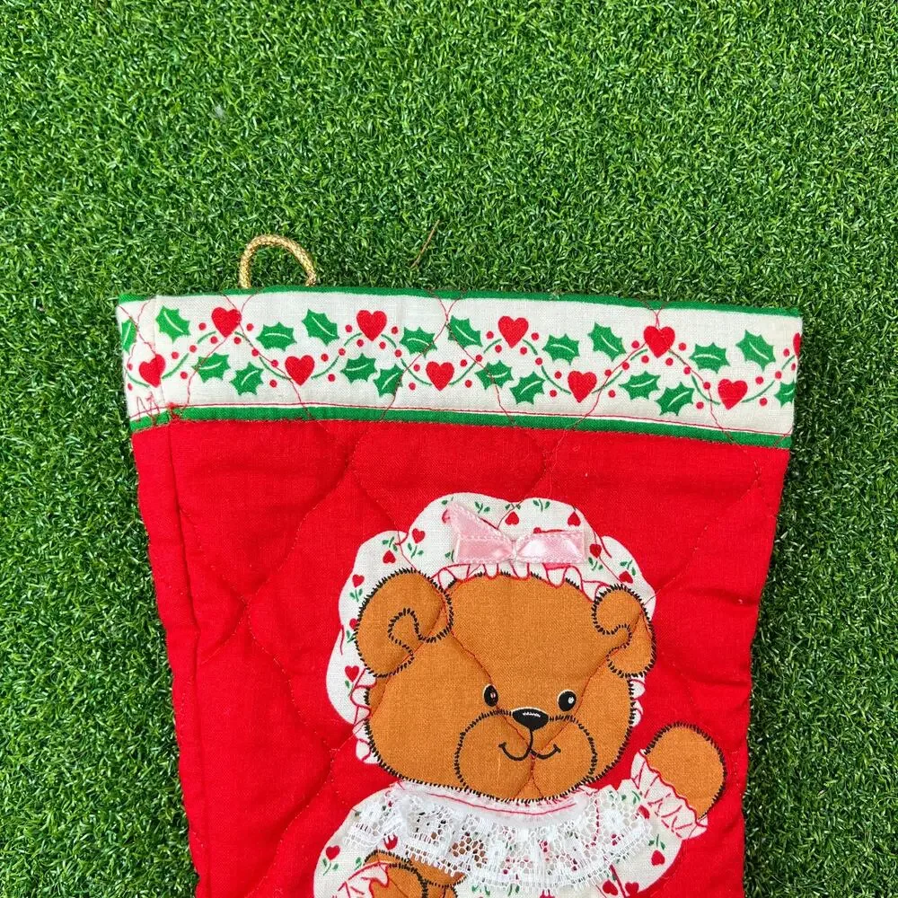 Vintage 1980s Lucy Rigg Handmade Quilted Teddy Bear Christmas Stockings